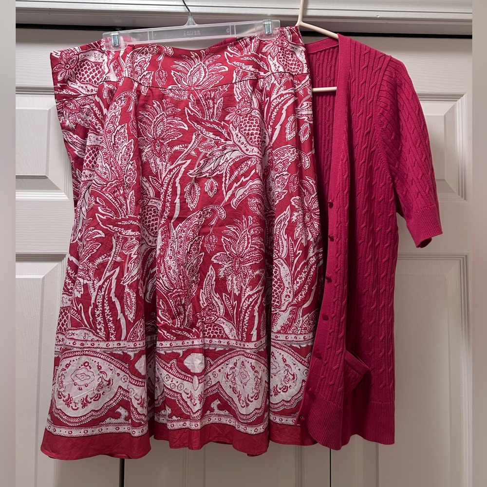 Talbots Pink and White Paisley Midi Skirt 16 Matching XL Sweater